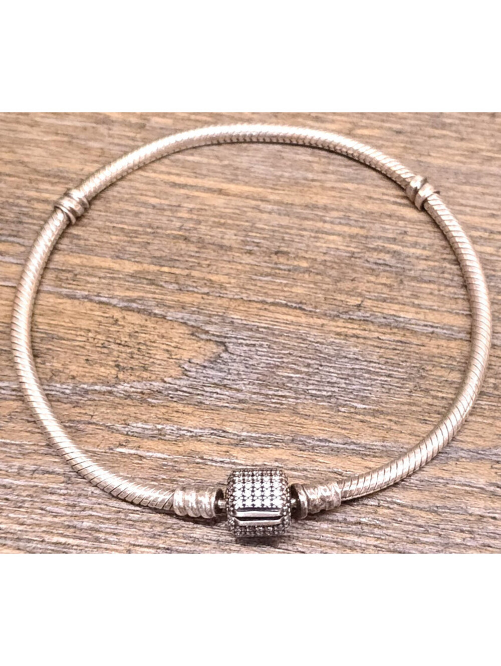 Pandora Sterling Silver Snake Chain Bracelet Pave Antiqued Clasp